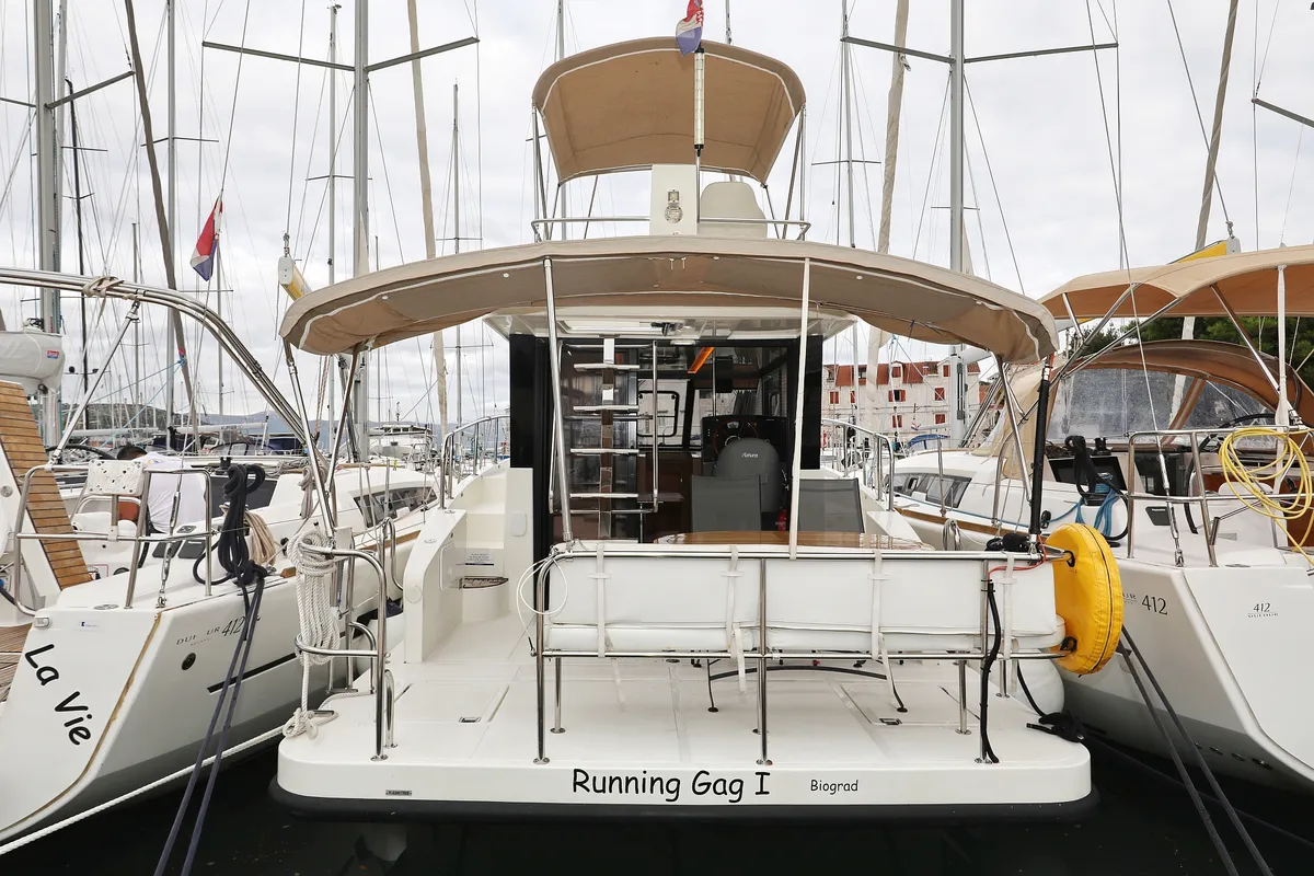 Exterior view of Running Gag I, a Cobra Yachts Futura 40 Grand Horizon motor yacht at Grad Biograd na Moru, Croatia