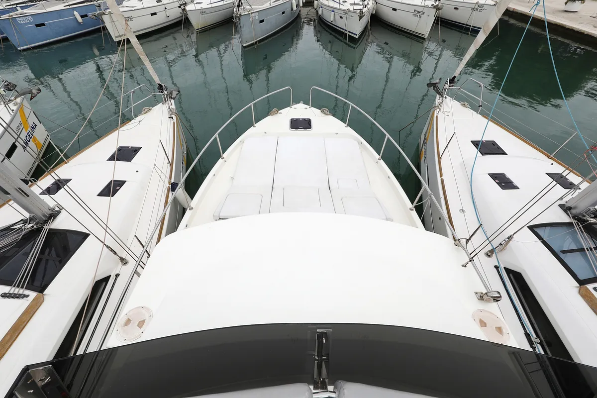 Exterior view of Running Gag I, a Cobra Yachts Futura 40 Grand Horizon motor yacht at Grad Biograd na Moru, Croatia