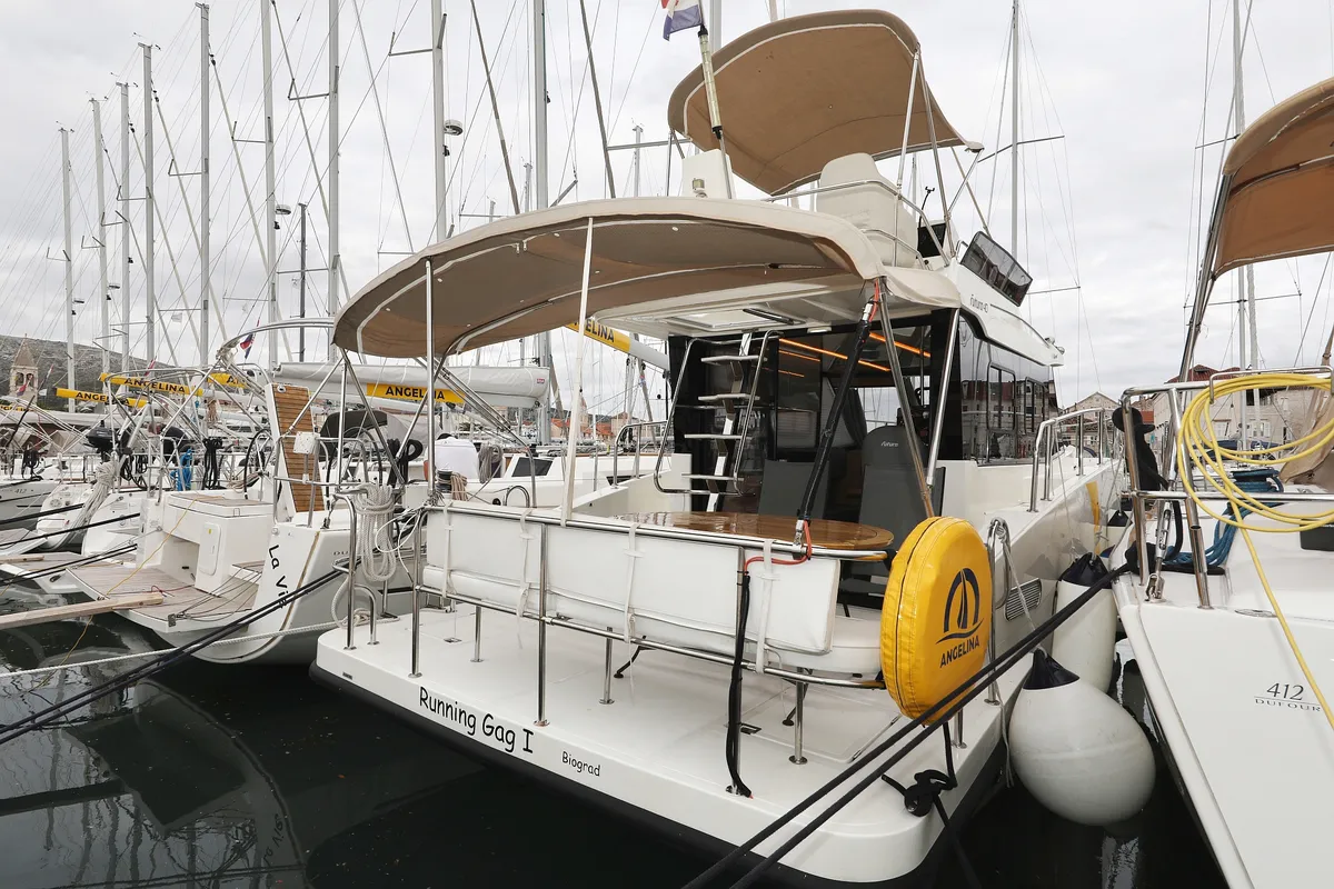 Exterior view of Running Gag I, a Cobra Yachts Futura 40 Grand Horizon motor yacht at Grad Biograd na Moru, Croatia