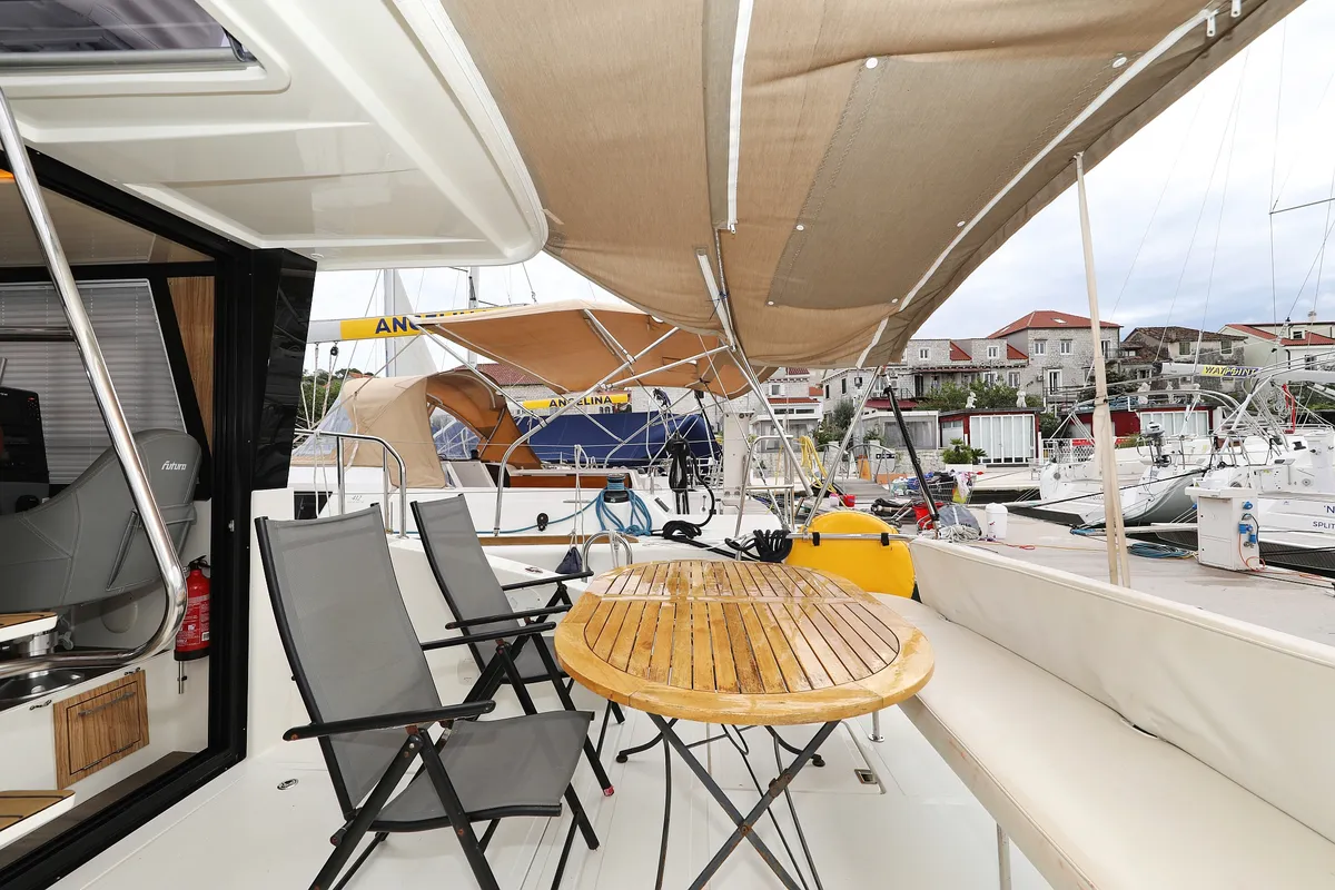 Deck of Running Gag I, a Cobra Yachts Futura 40 Grand Horizon motor yacht at Grad Biograd na Moru, Croatia
