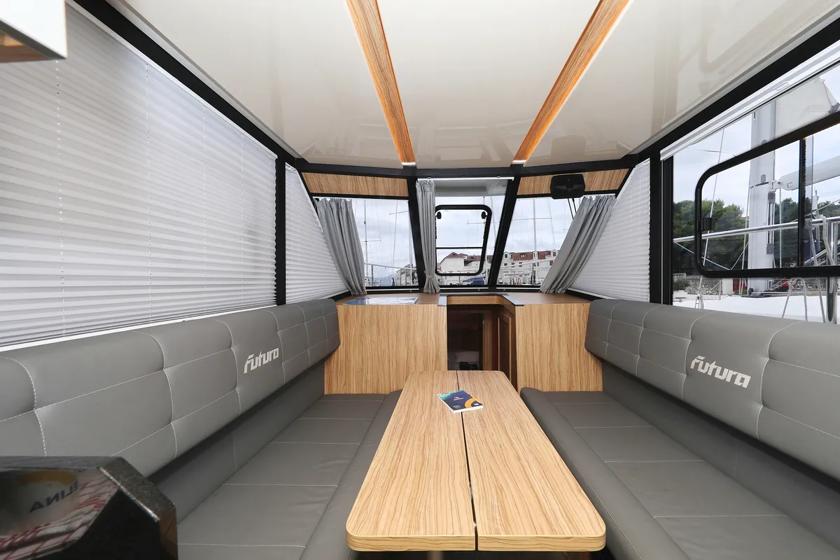 Salon of Running Gag I, a Cobra Yachts Futura 40 Grand Horizon motor yacht at Grad Biograd na Moru, Croatia
