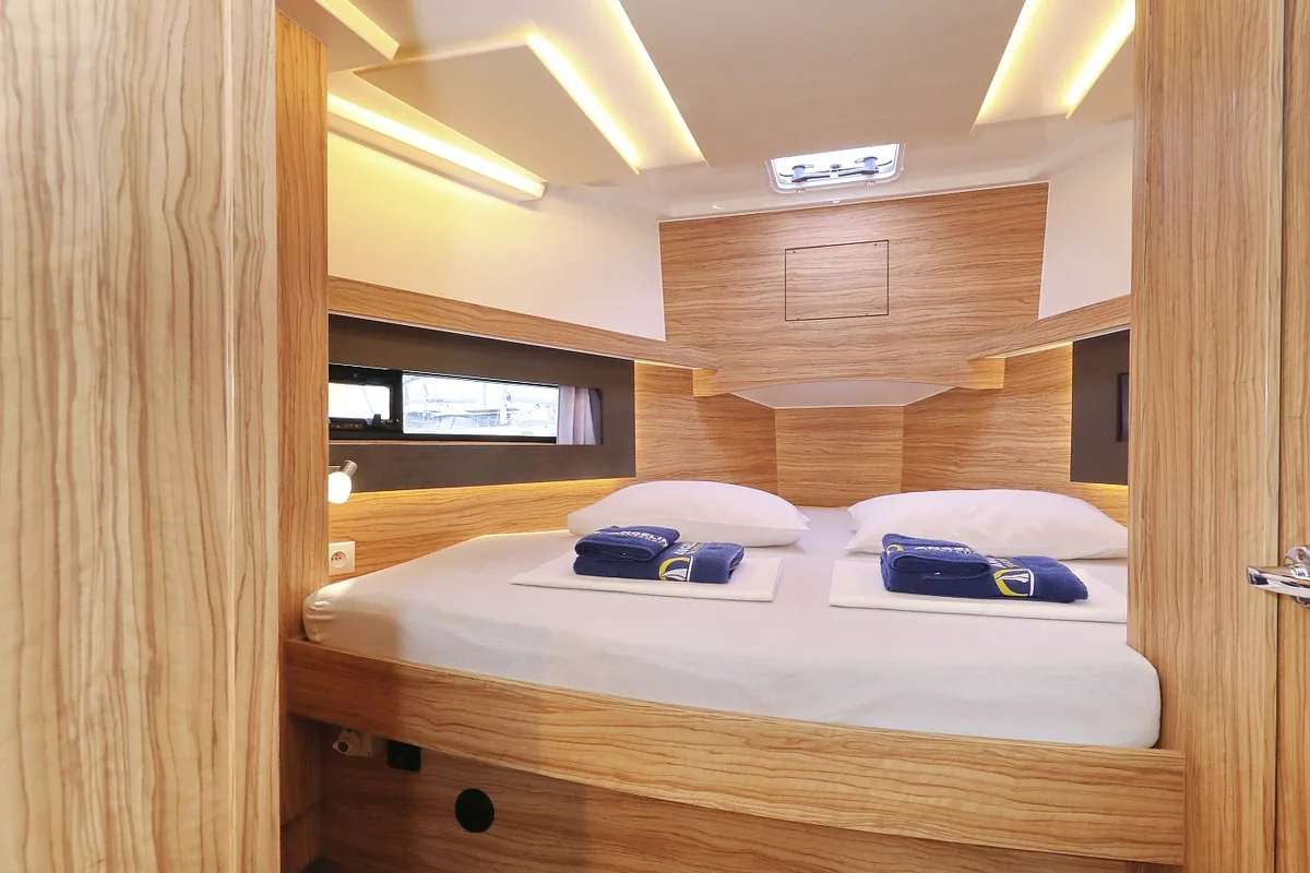 Cabin on Running Gag I, a Cobra Yachts Futura 40 Grand Horizon motor yacht at Grad Biograd na Moru, Croatia