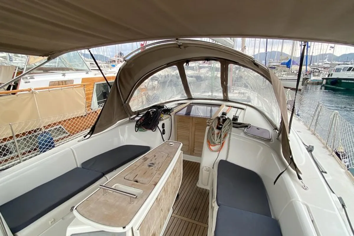 Cockpit of Rhapsody, a Beneteau Oceanis 43 sailboat at Marmaris, Turkey