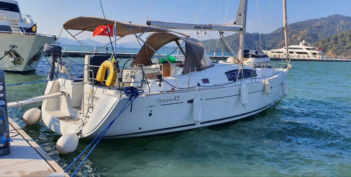 Exterior view of Rhapsody, a Beneteau Oceanis 43 sailboat at Marmaris, Turkey