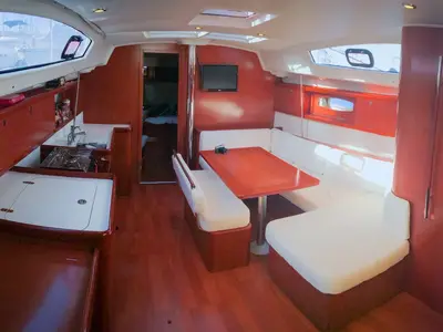 Salon of Rhapsody, a Beneteau Oceanis 43 sailboat at Marmaris, Turkey