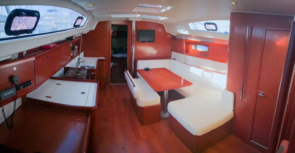 Salon of Rhapsody, a Beneteau Oceanis 43 sailboat at Marmaris, Turkey