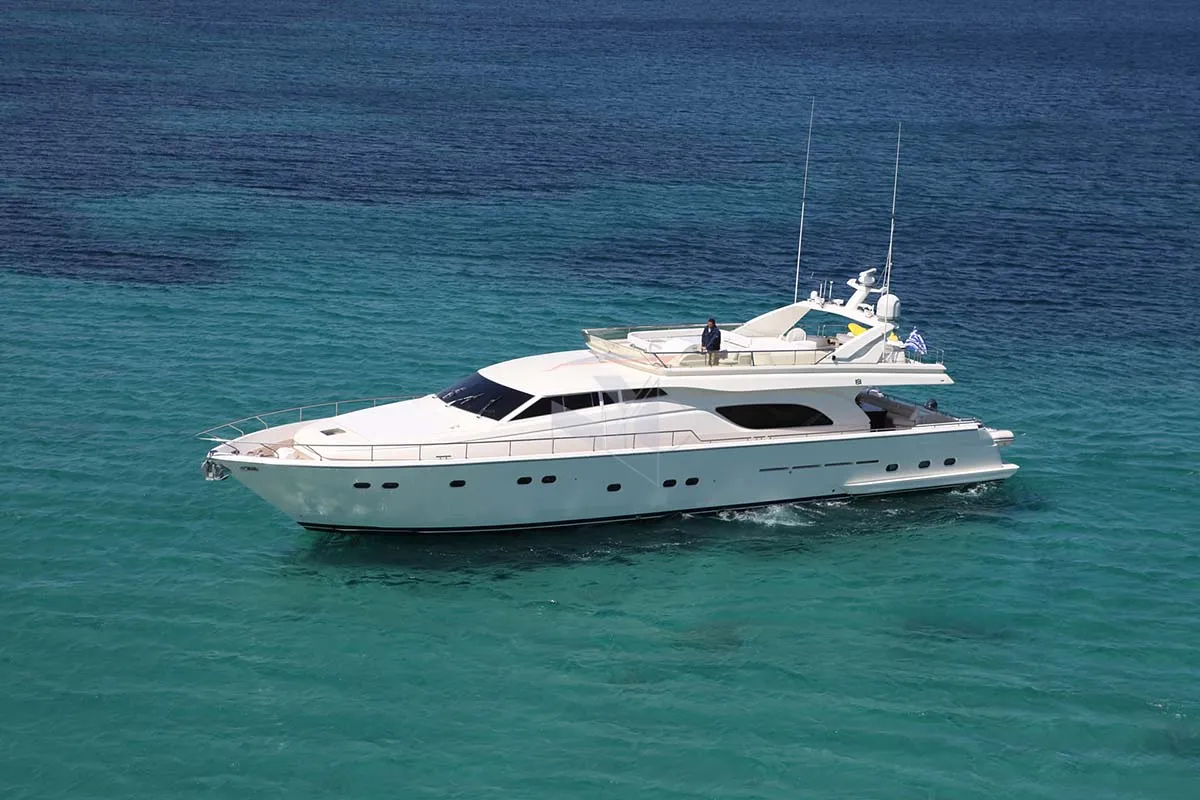 Exterior view of Kentavros II, a Ferretti 80 motor yacht at Kontokali, Greece
