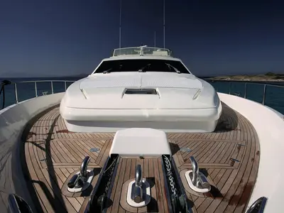 Deck of Kentavros II, a Ferretti 80 motor yacht at Kontokali, Greece