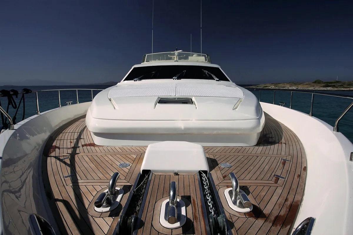 Deck of Kentavros II, a Ferretti 80 motor yacht at Kontokali, Greece