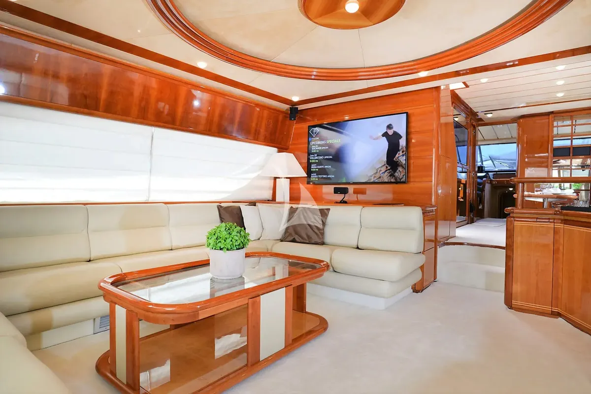 Salon of Kentavros II, a Ferretti 80 motor yacht at Kontokali, Greece