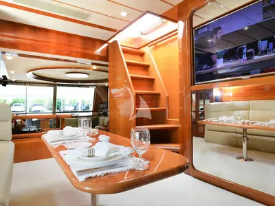 Salon of Kentavros II, a Ferretti 80 motor yacht at Kontokali, Greece