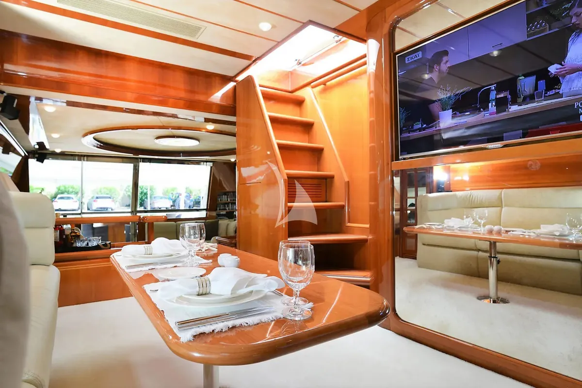 Salon of Kentavros II, a Ferretti 80 motor yacht at Kontokali, Greece
