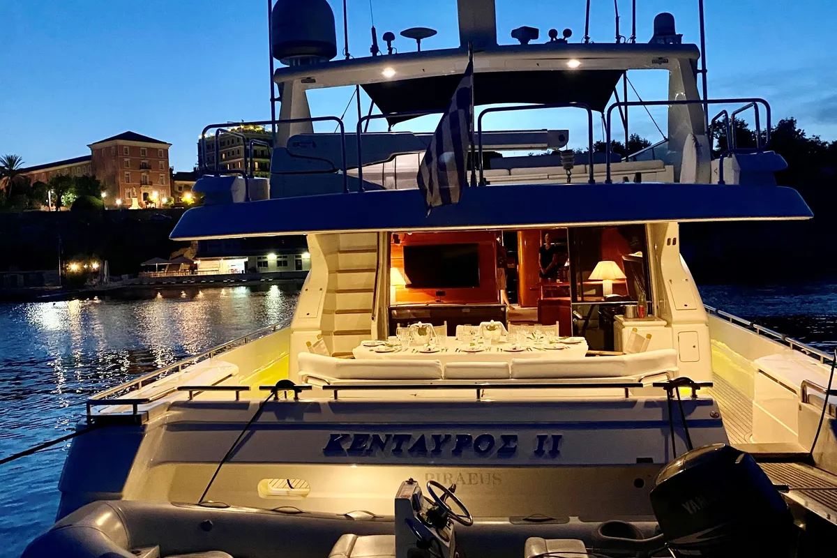 Deck of Kentavros II, a Ferretti 80 motor yacht at Kontokali, Greece
