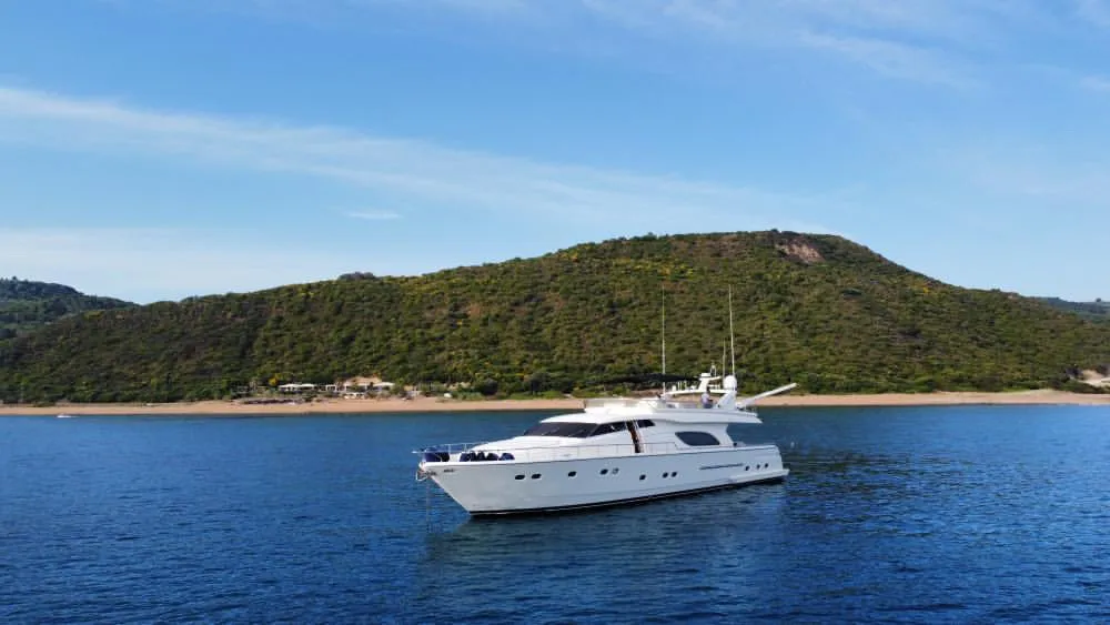 Exterior view of Kentavros II, a Ferretti 80 motor yacht at Kontokali, Greece