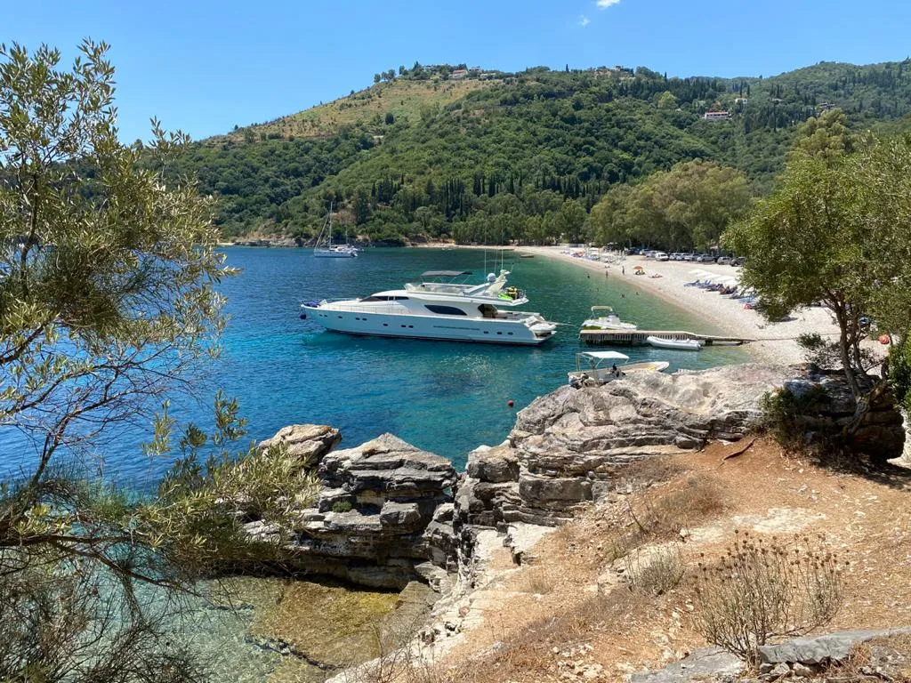 Exterior view of Kentavros II, a Ferretti 80 motor yacht at Kontokali, Greece