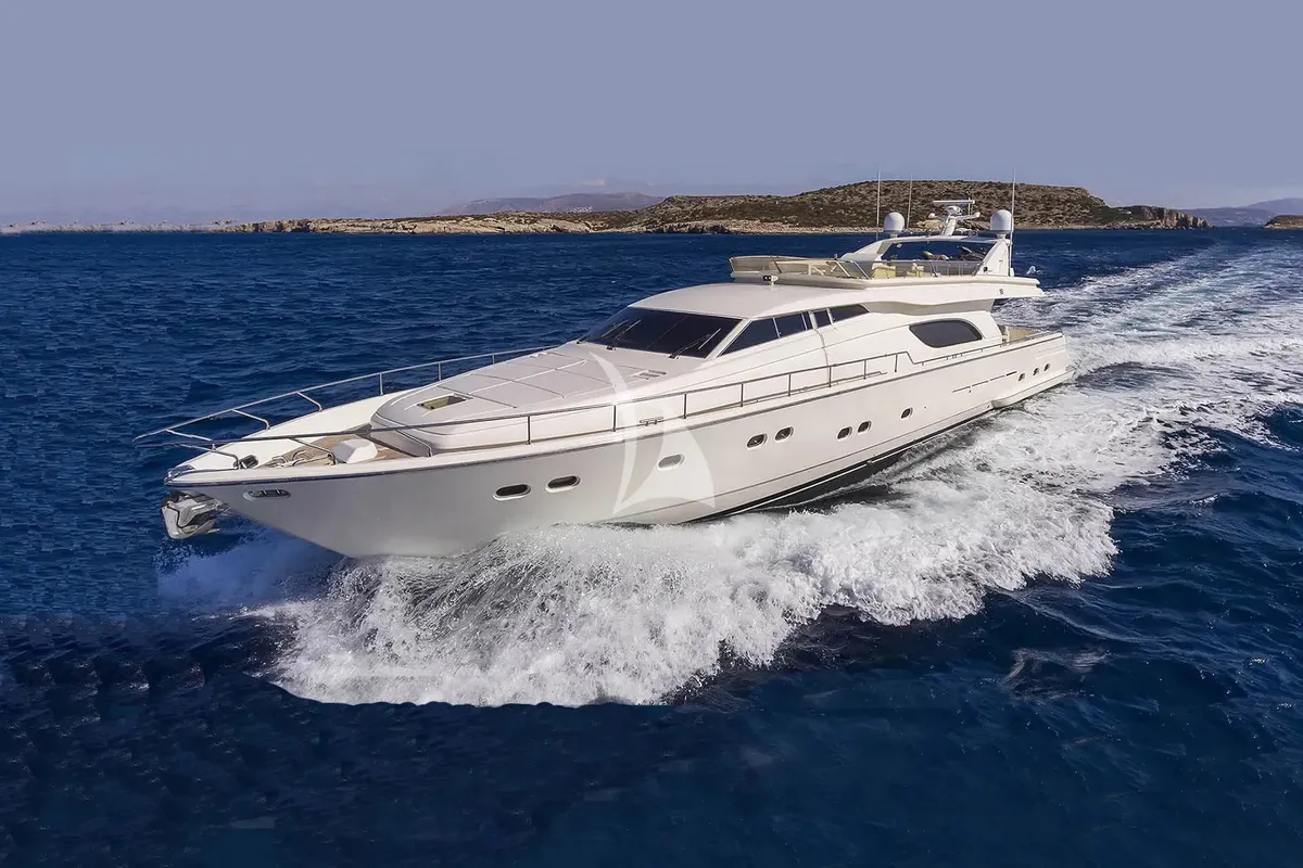 Exterior view of Kentavros II, a Ferretti 80 motor yacht at Kontokali, Greece