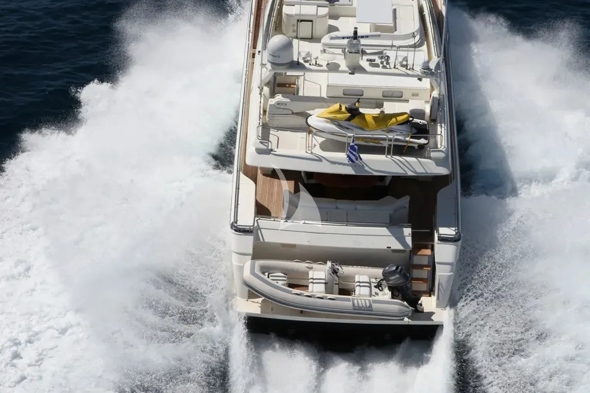 Deck of Kentavros II, a Ferretti 80 motor yacht at Kontokali, Greece