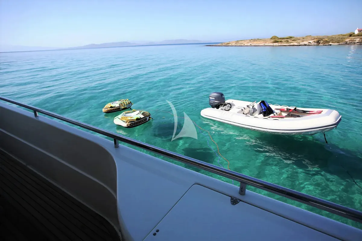 Deck of Kentavros II, a Ferretti 80 motor yacht at Kontokali, Greece