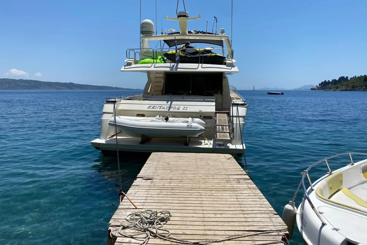 Deck of Kentavros II, a Ferretti 80 motor yacht at Kontokali, Greece