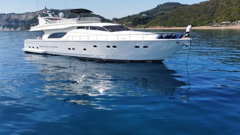 Exterior view of Kentavros II, a Ferretti 80 motor yacht at Kontokali, Greece