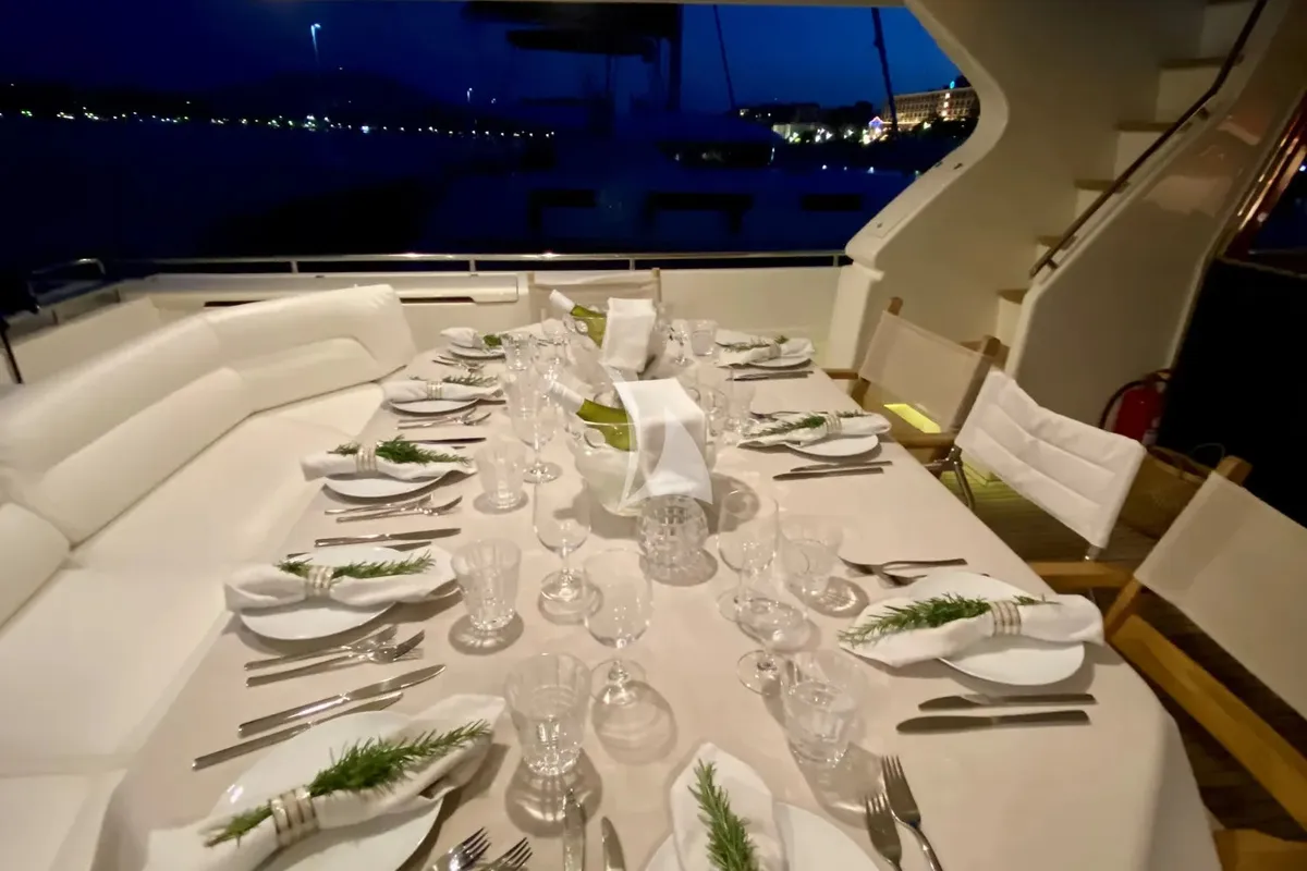 Deck of Kentavros II, a Ferretti 80 motor yacht at Kontokali, Greece