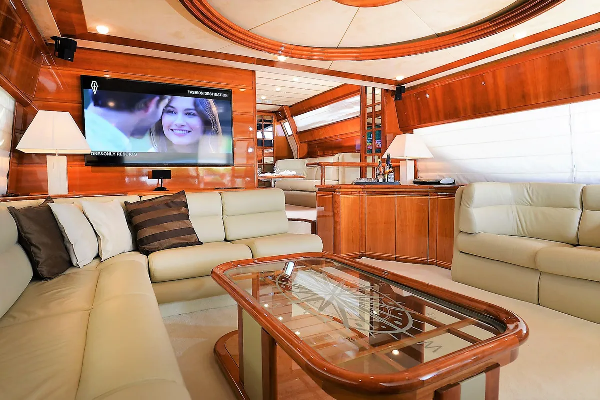 Salon of Kentavros II, a Ferretti 80 motor yacht at Kontokali, Greece