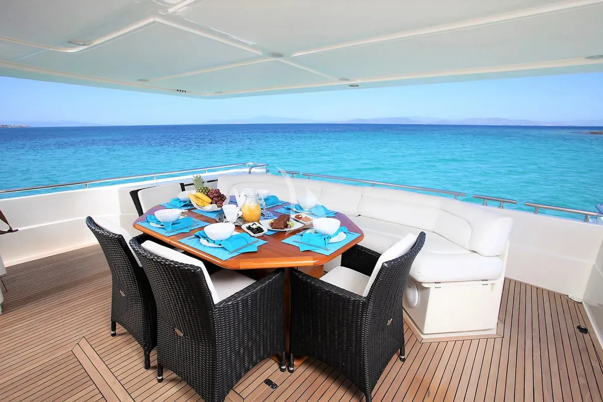 Deck of Kentavros II, a Ferretti 80 motor yacht at Kontokali, Greece