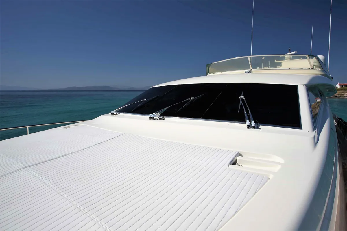 Deck of Kentavros II, a Ferretti 80 motor yacht at Kontokali, Greece