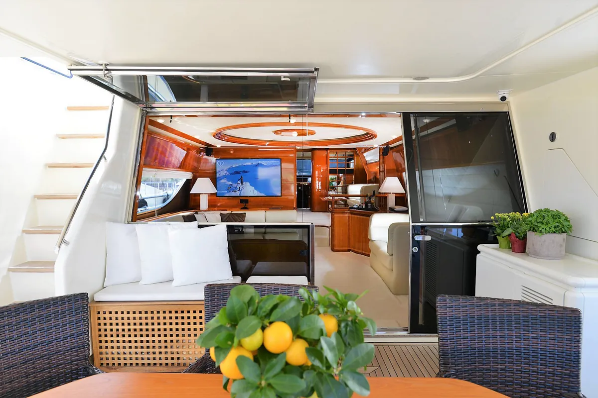 Deck of Kentavros II, a Ferretti 80 motor yacht at Kontokali, Greece