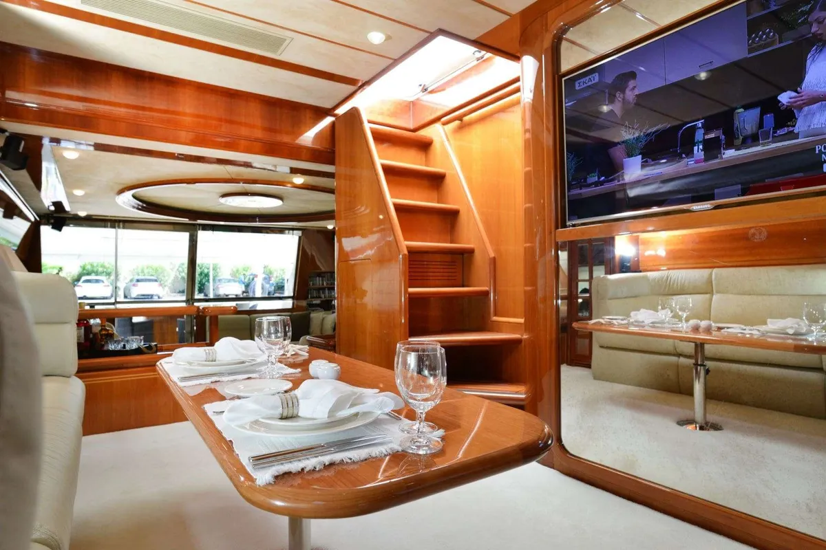 Salon of Kentavros II, a Ferretti 80 motor yacht at Kontokali, Greece
