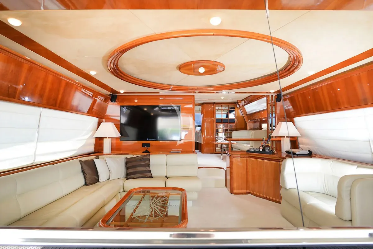 Salon of Kentavros II, a Ferretti 80 motor yacht at Kontokali, Greece
