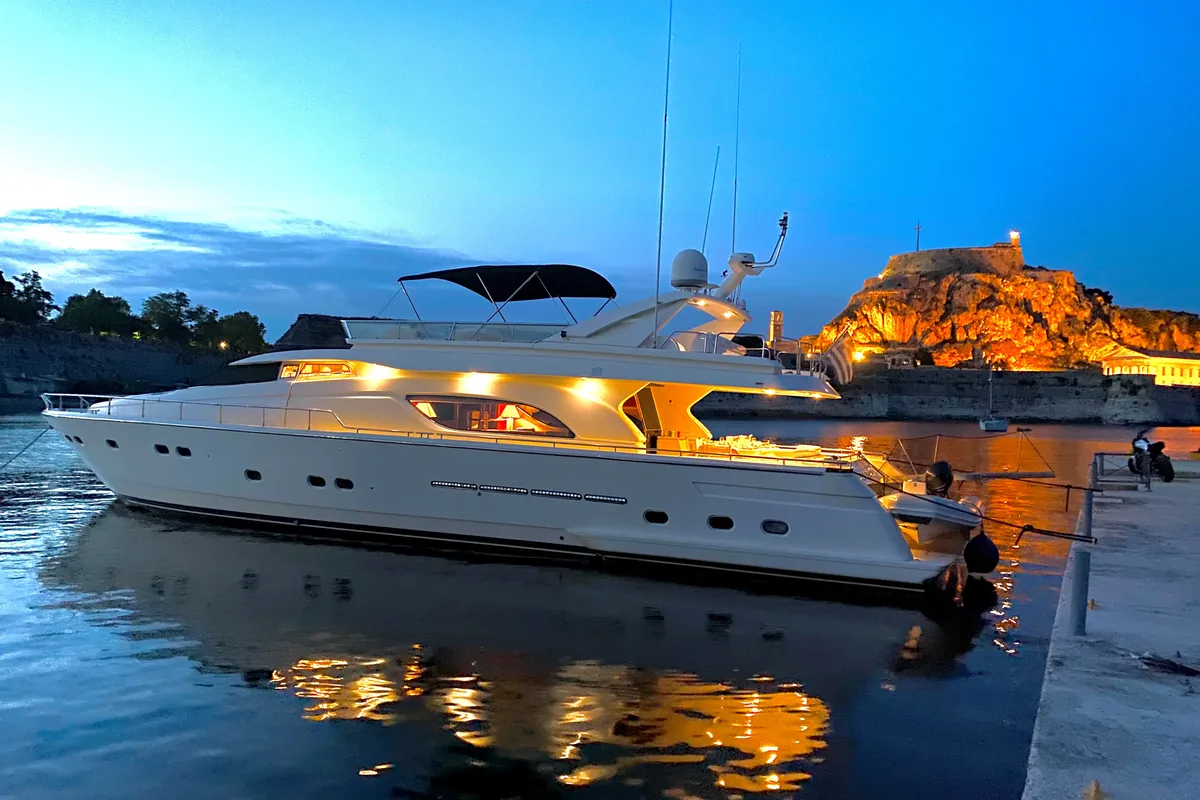 Exterior view of Kentavros II, a Ferretti 80 motor yacht at Kontokali, Greece