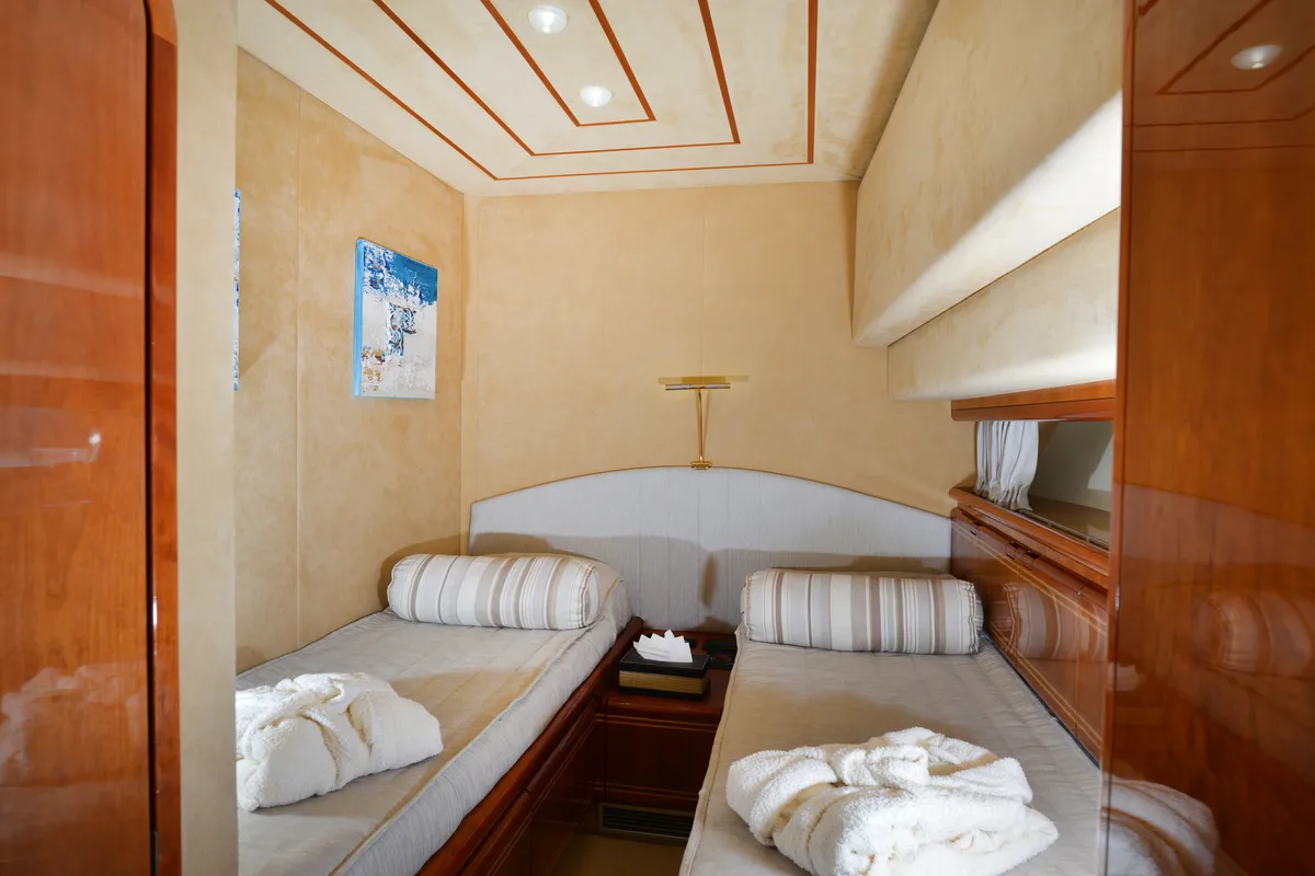 Cabin on Kentavros II, a Ferretti 80 motor yacht at Kontokali, Greece