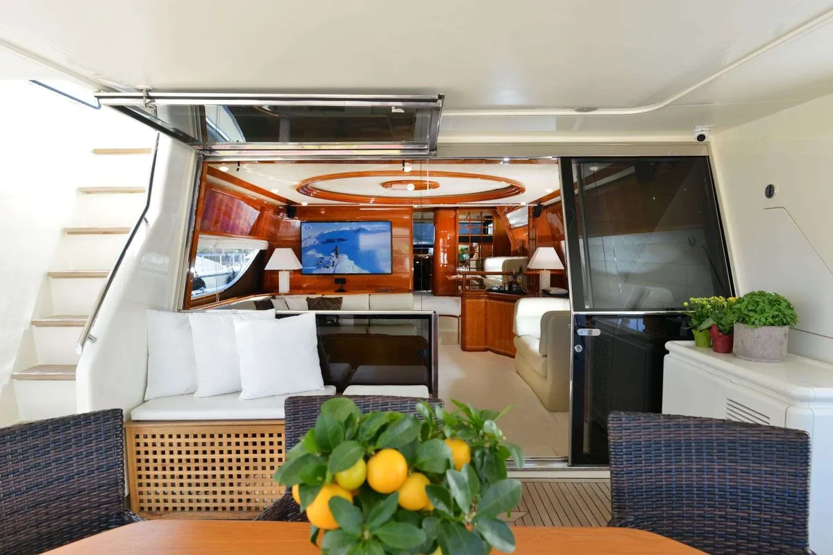 Deck of Kentavros II, a Ferretti 80 motor yacht at Kontokali, Greece