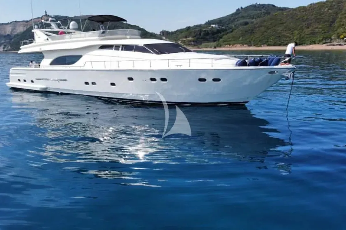 Exterior view of Kentavros II, a Ferretti 80 motor yacht at Kontokali, Greece