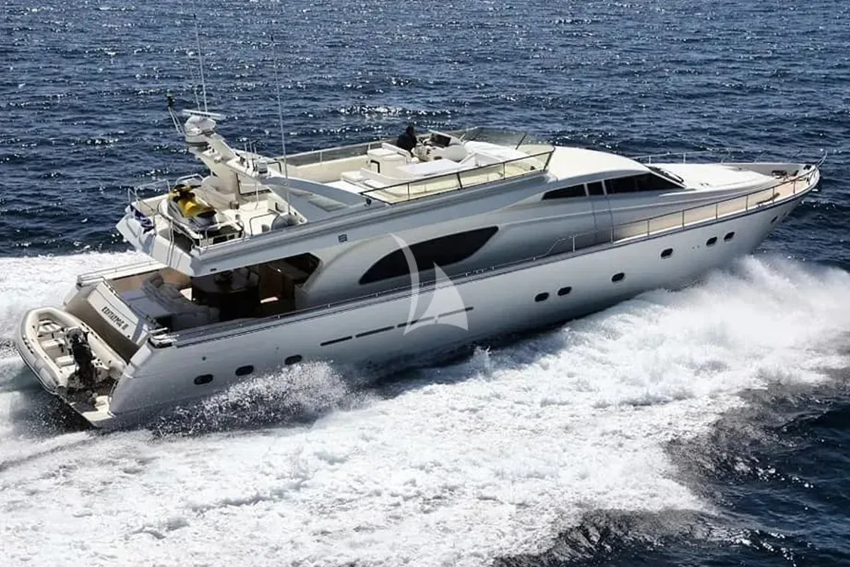 Deck of Kentavros II, a Ferretti 80 motor yacht at Kontokali, Greece