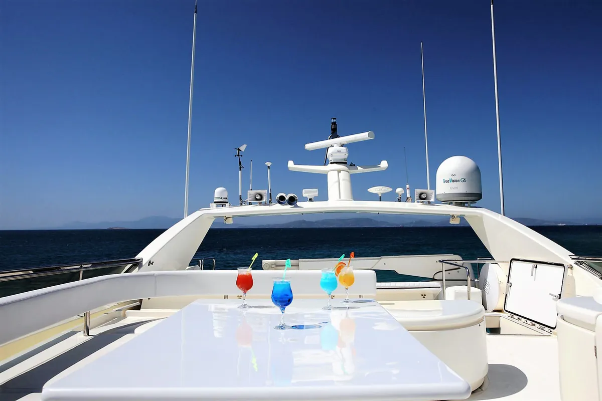 Exterior view of Kentavros II, a Ferretti 80 motor yacht at Kontokali, Greece
