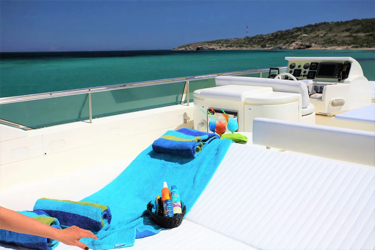 Deck of Kentavros II, a Ferretti 80 motor yacht at Kontokali, Greece