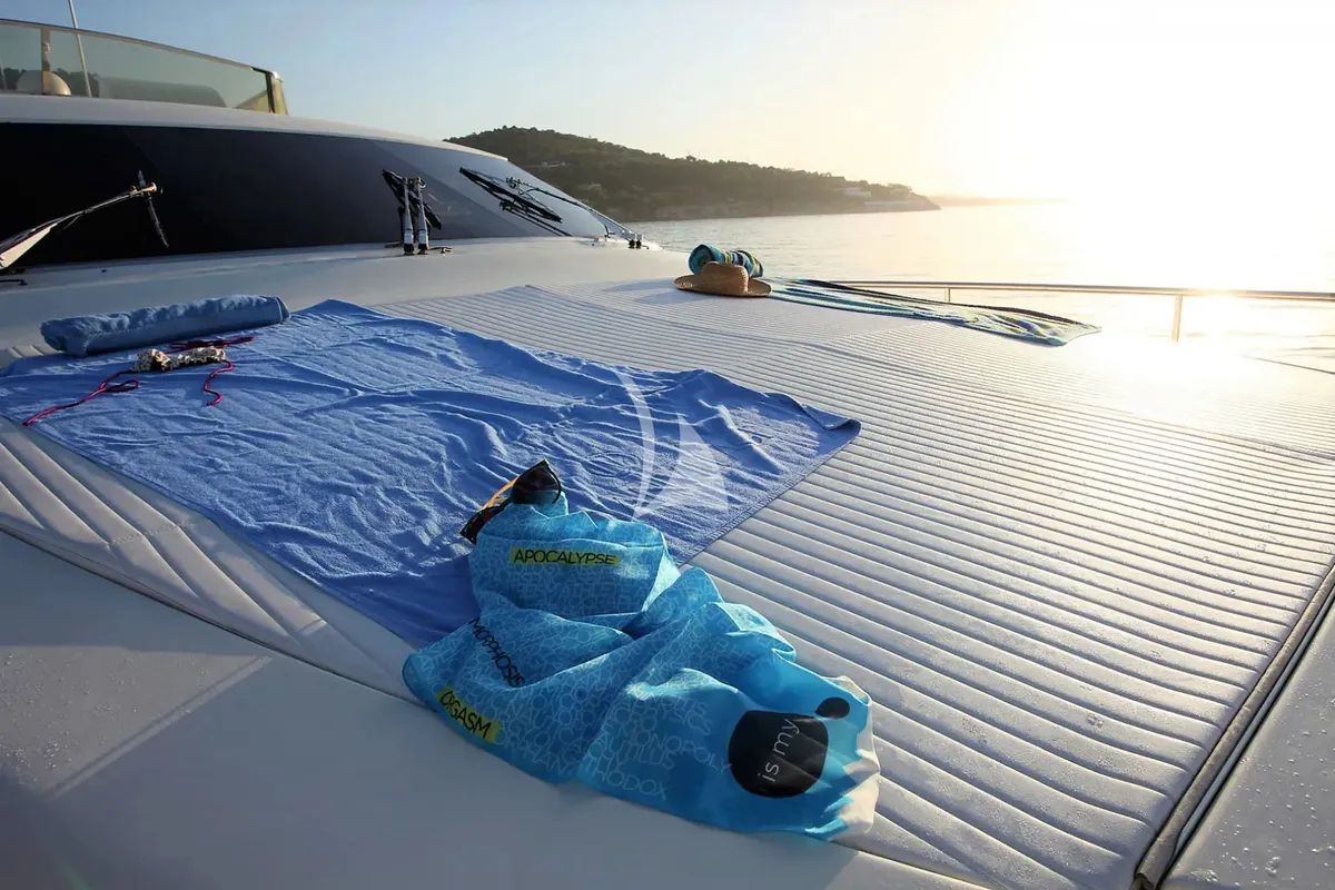 Deck of Kentavros II, a Ferretti 80 motor yacht at Kontokali, Greece
