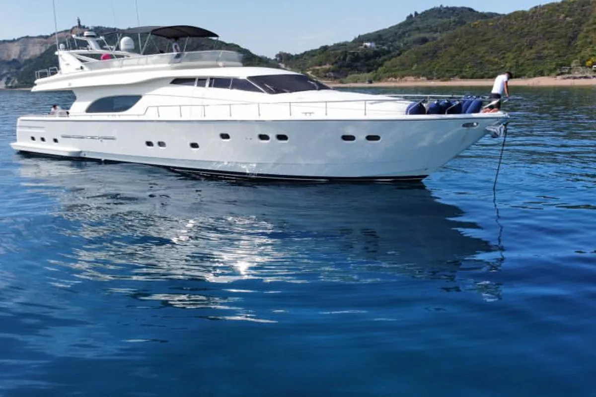Exterior view of Kentavros II, a Ferretti 80 motor yacht at Kontokali, Greece
