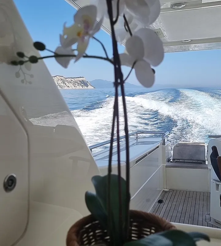Exterior view of Kentavros II, a Ferretti 80 motor yacht at Kontokali, Greece