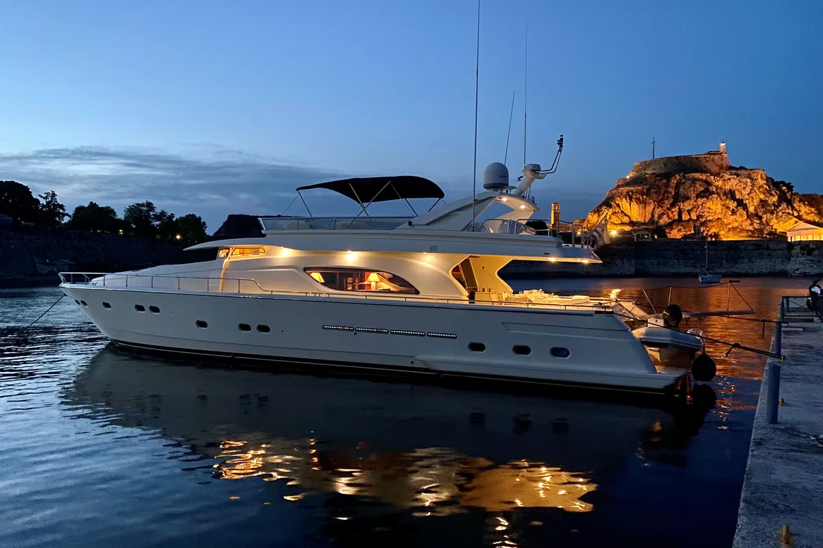 Deck of Kentavros II, a Ferretti 80 motor yacht at Kontokali, Greece
