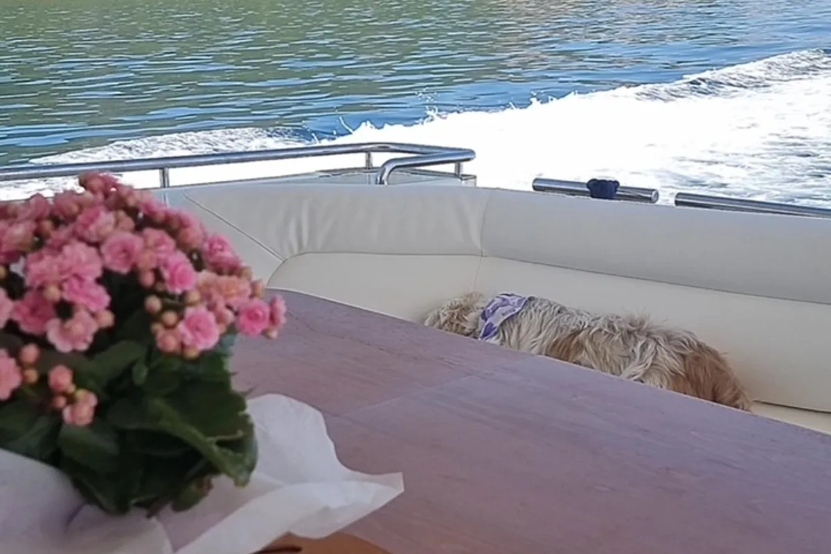 Deck of Kentavros II, a Ferretti 80 motor yacht at Kontokali, Greece