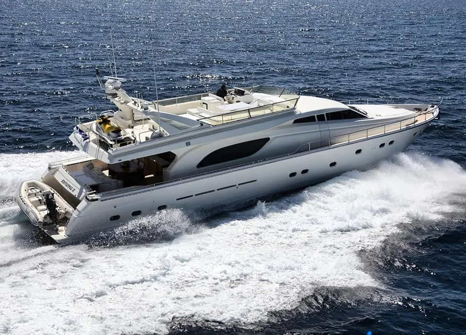 Exterior view of Kentavros II, a Ferretti 80 motor yacht at Kontokali, Greece