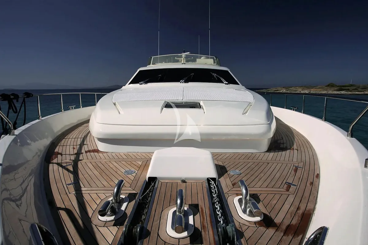 Deck of Kentavros II, a Ferretti 80 motor yacht at Kontokali, Greece