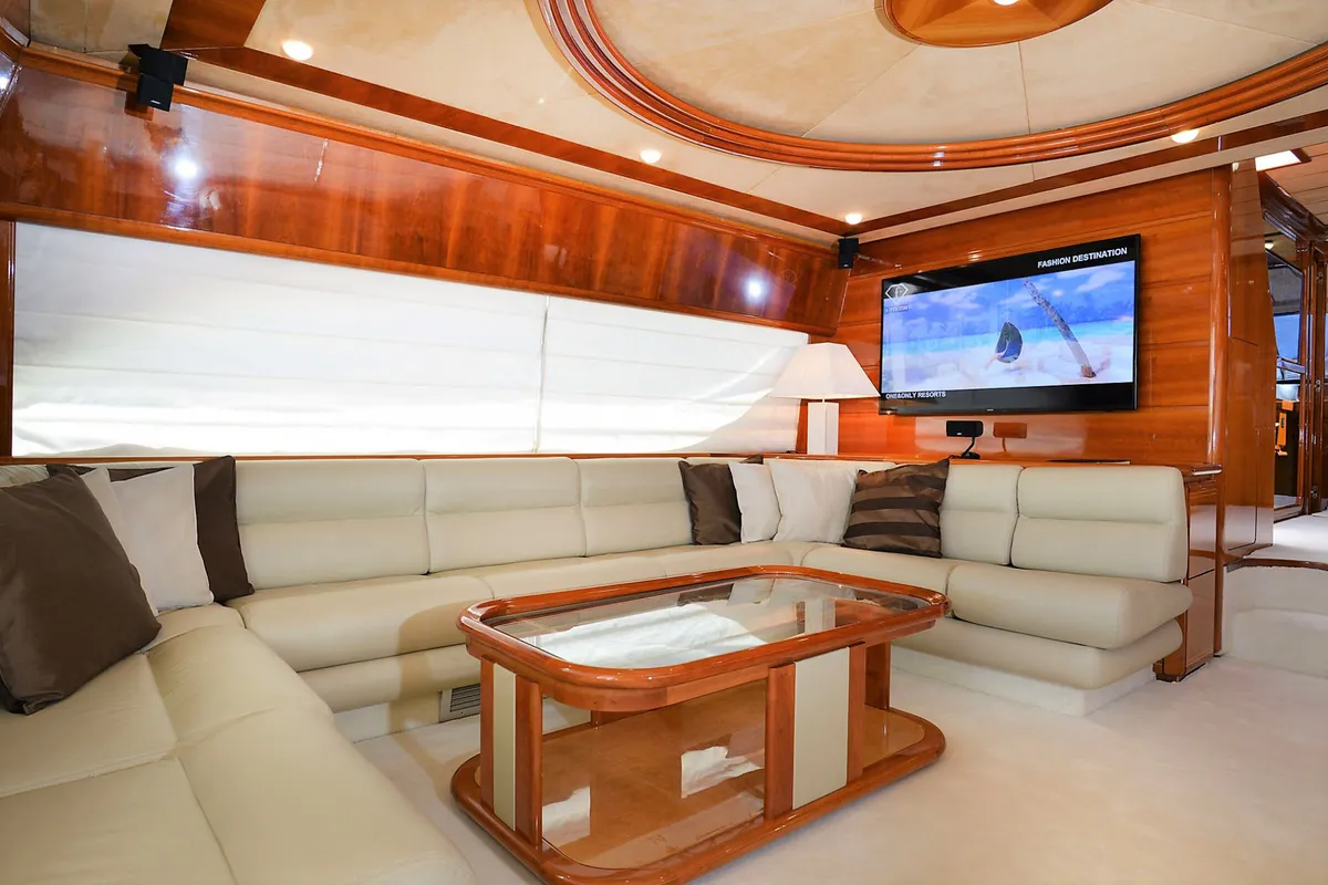 Salon of Kentavros II, a Ferretti 80 motor yacht at Kontokali, Greece