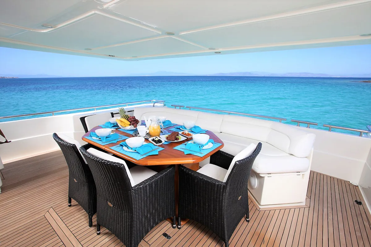 Deck of Kentavros II, a Ferretti 80 motor yacht at Kontokali, Greece