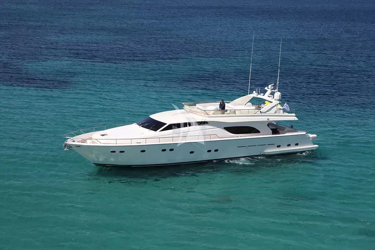 Exterior view of Kentavros II, a Ferretti 80 motor yacht at Kontokali, Greece