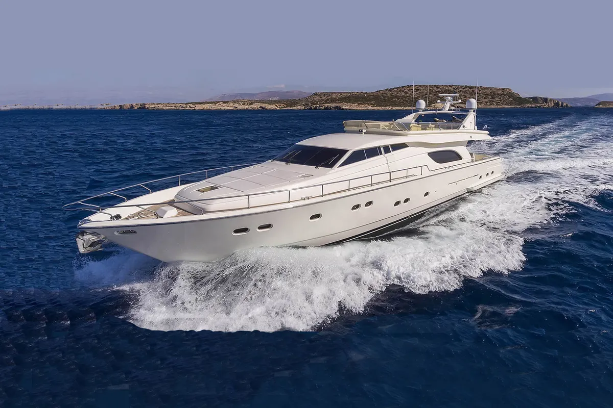 Exterior view of Kentavros II, a Ferretti 80 motor yacht at Kontokali, Greece