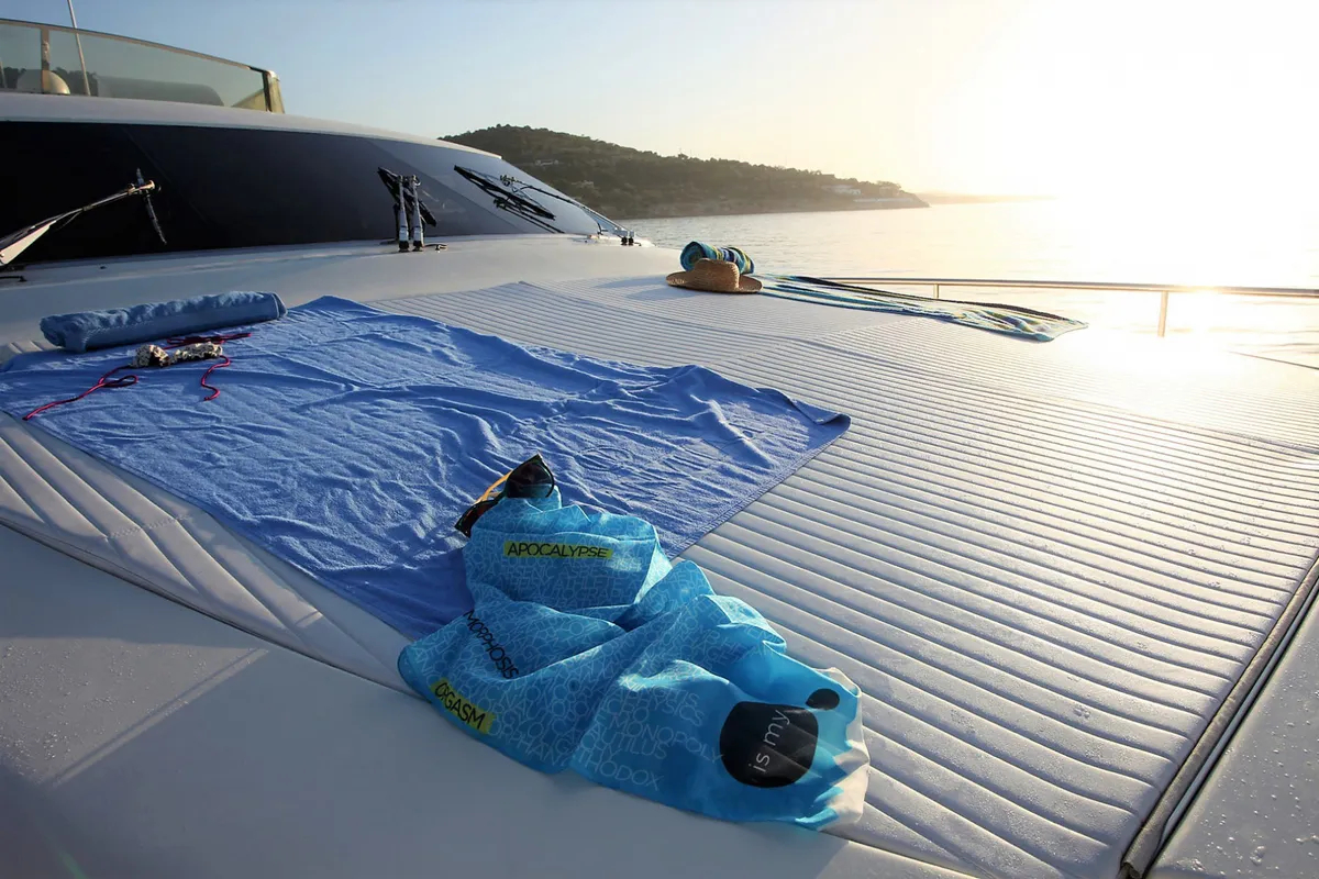 Deck of Kentavros II, a Ferretti 80 motor yacht at Kontokali, Greece
